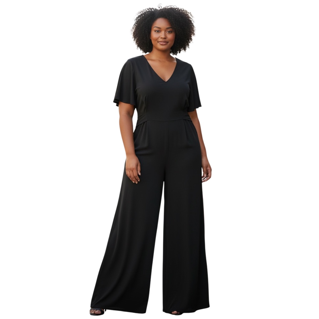 Msk Jumpsuit V-Neckline Short Flutter Sleeves Wide Leg, Flowy, Black, Size 2x